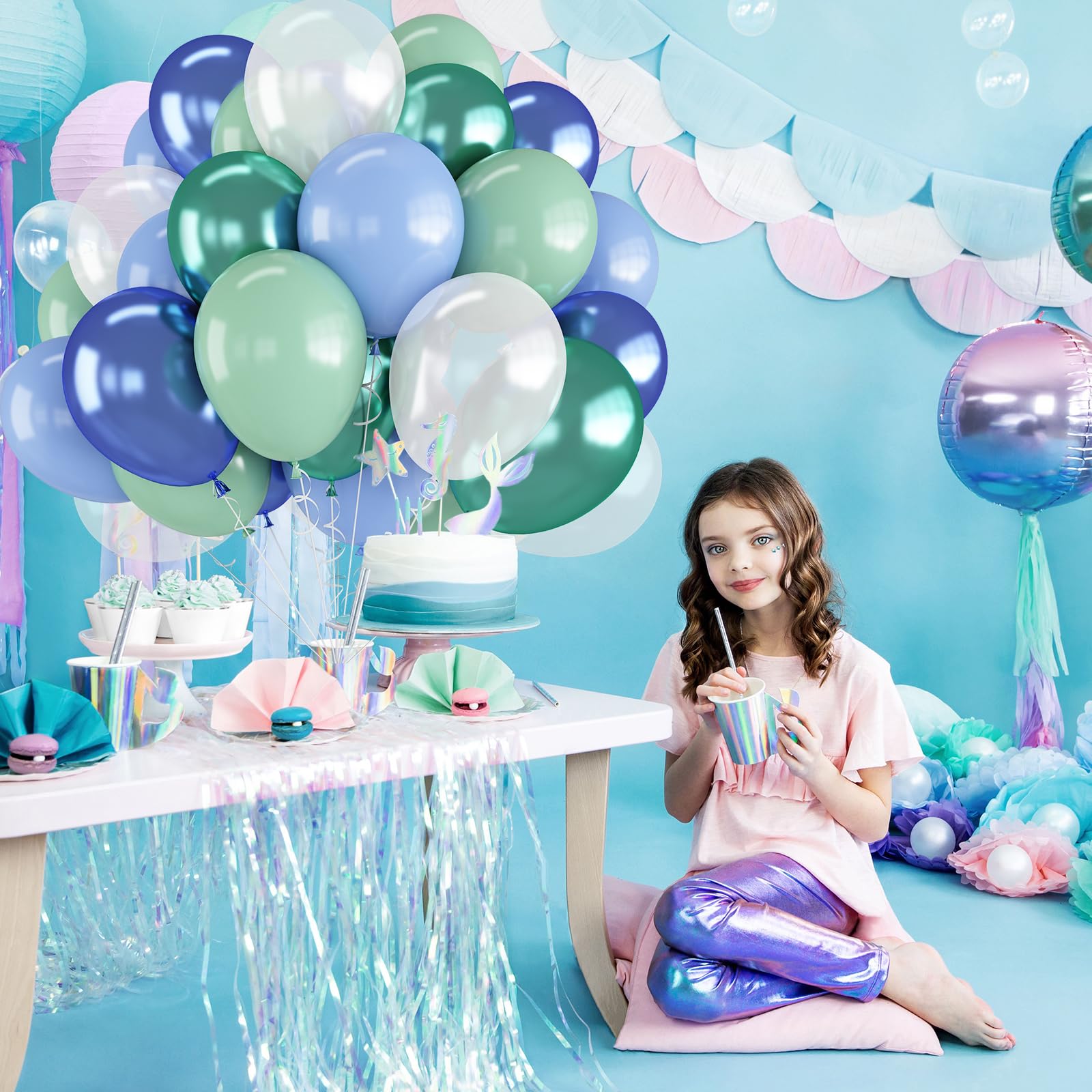 Isndare Green Blue White Balloons – 60pc Set, 12in Ocean Theme Balloons for Under-the-Sea Parties
