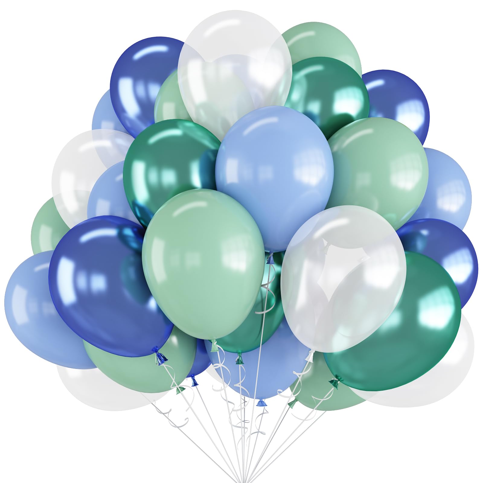 Isndare Green Blue White Balloons – 60pc Set, 12in Ocean Theme Balloons for Under-the-Sea Parties