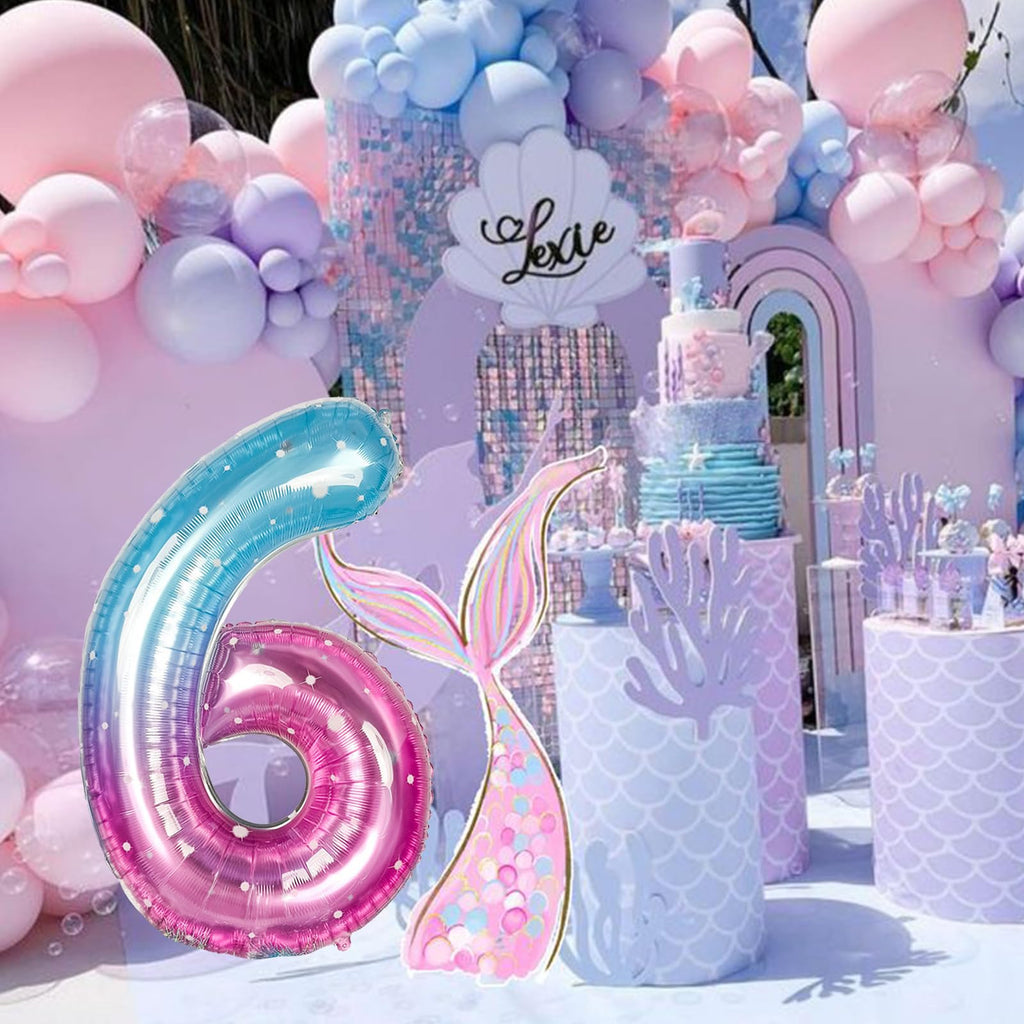 Isndare 40-Inch Mermaid Number 6 Balloon — Blue Pink Foil Party Balloons