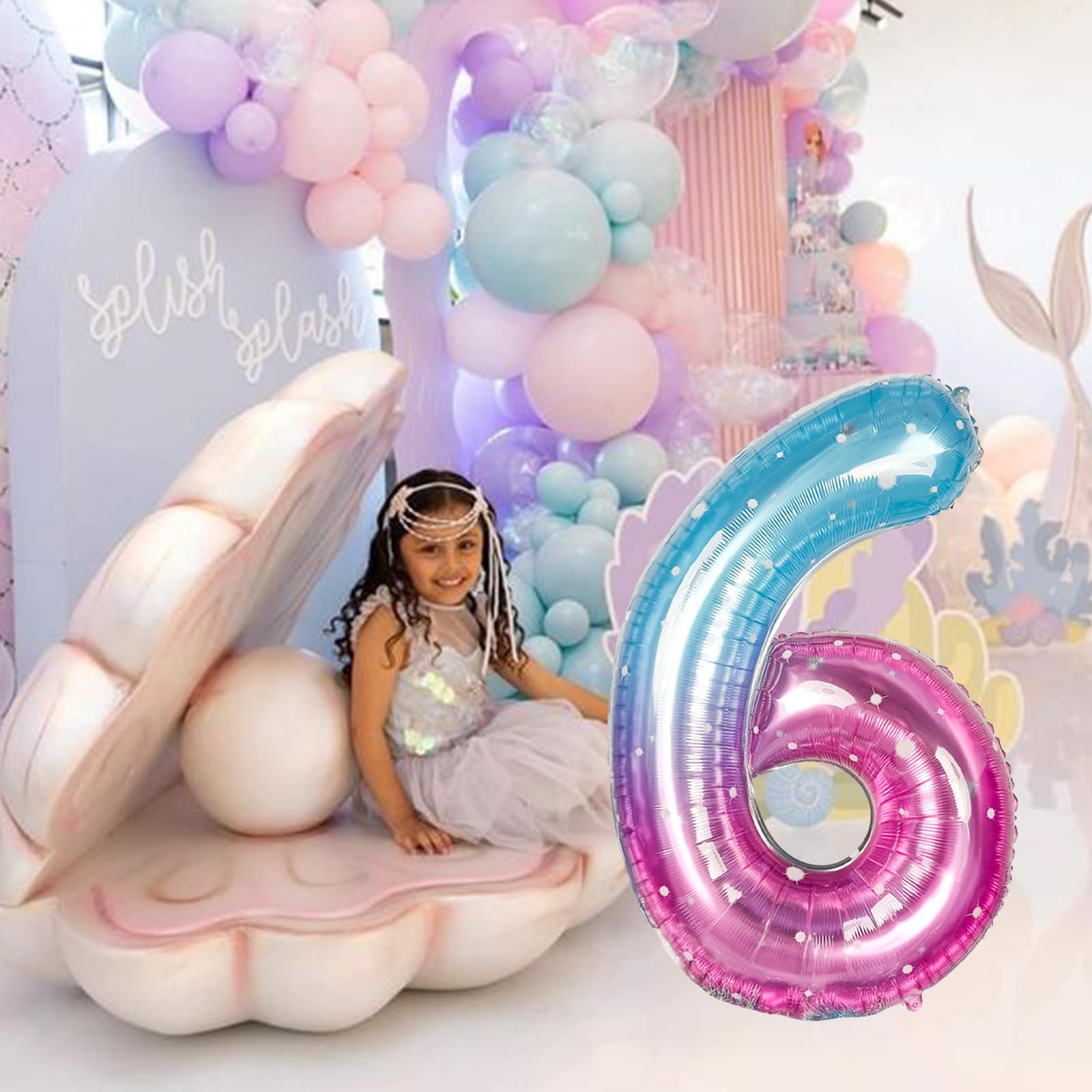 Isndare 40-Inch Mermaid Number 6 Balloon — Blue Pink Foil Party Balloons