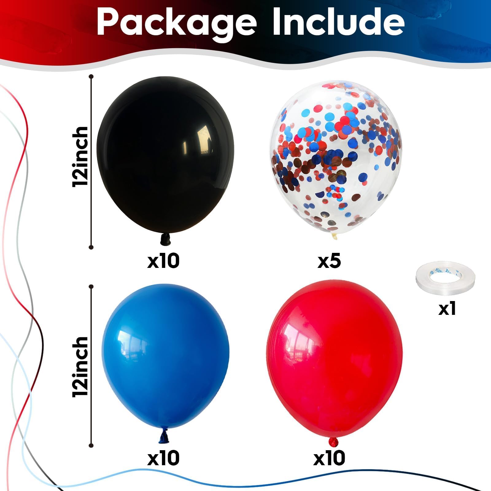 Isndare Spider Theme Balloons Kit – 12" Royal Blue, Red & Black Confetti Latex, 35-Piece Party Decor
