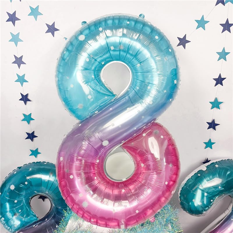 Isndare Purple Teal Number 8 Balloons - 40 Inch Giant Mermaid Starry Mylar Balloon for Birthdays & Celebrations