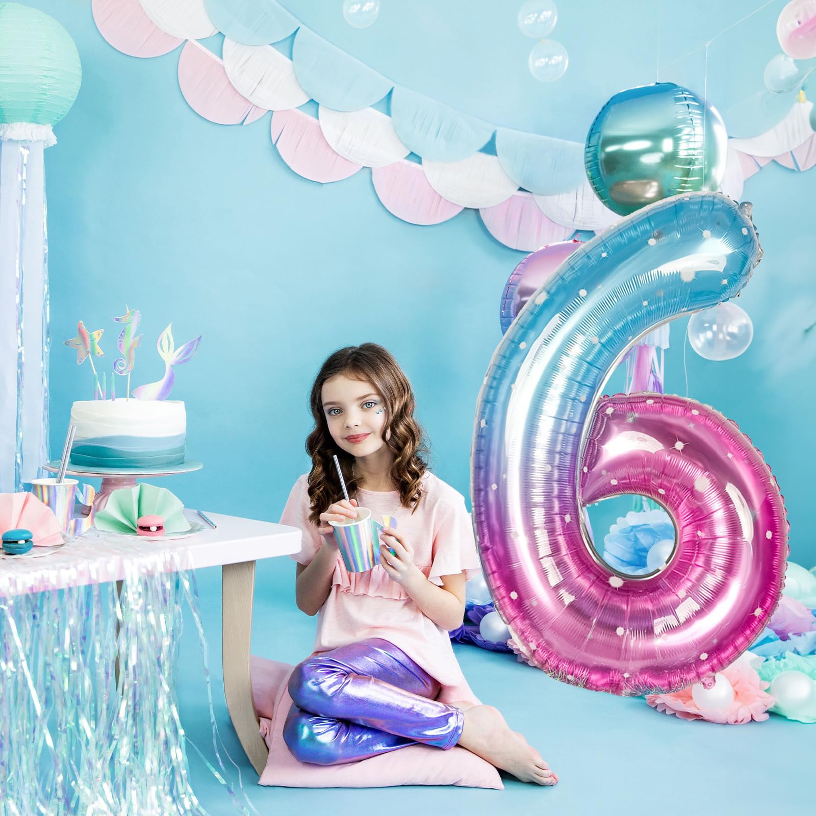 Isndare 40-Inch Mermaid Number 6 Balloon — Blue Pink Foil Party Balloons