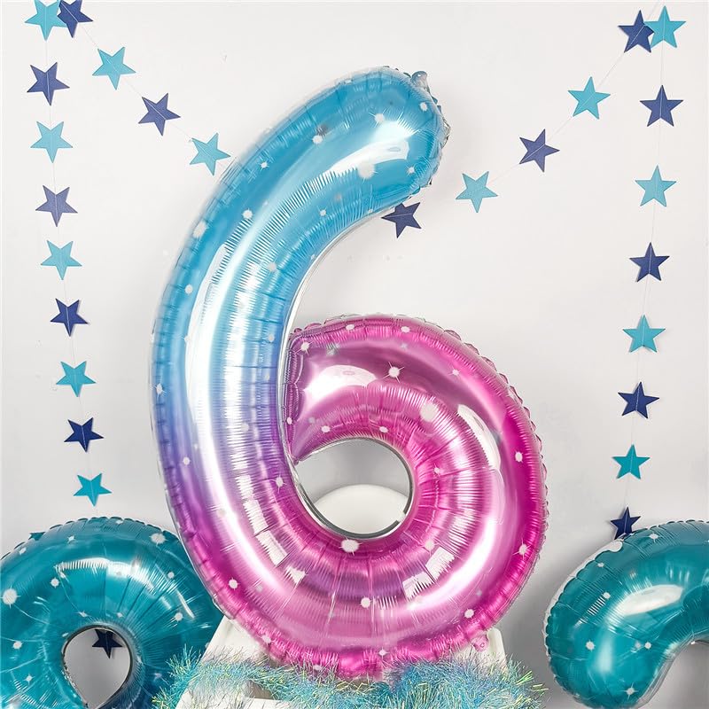 Isndare 40-Inch Mermaid Number 6 Balloon — Blue Pink Foil Party Balloons