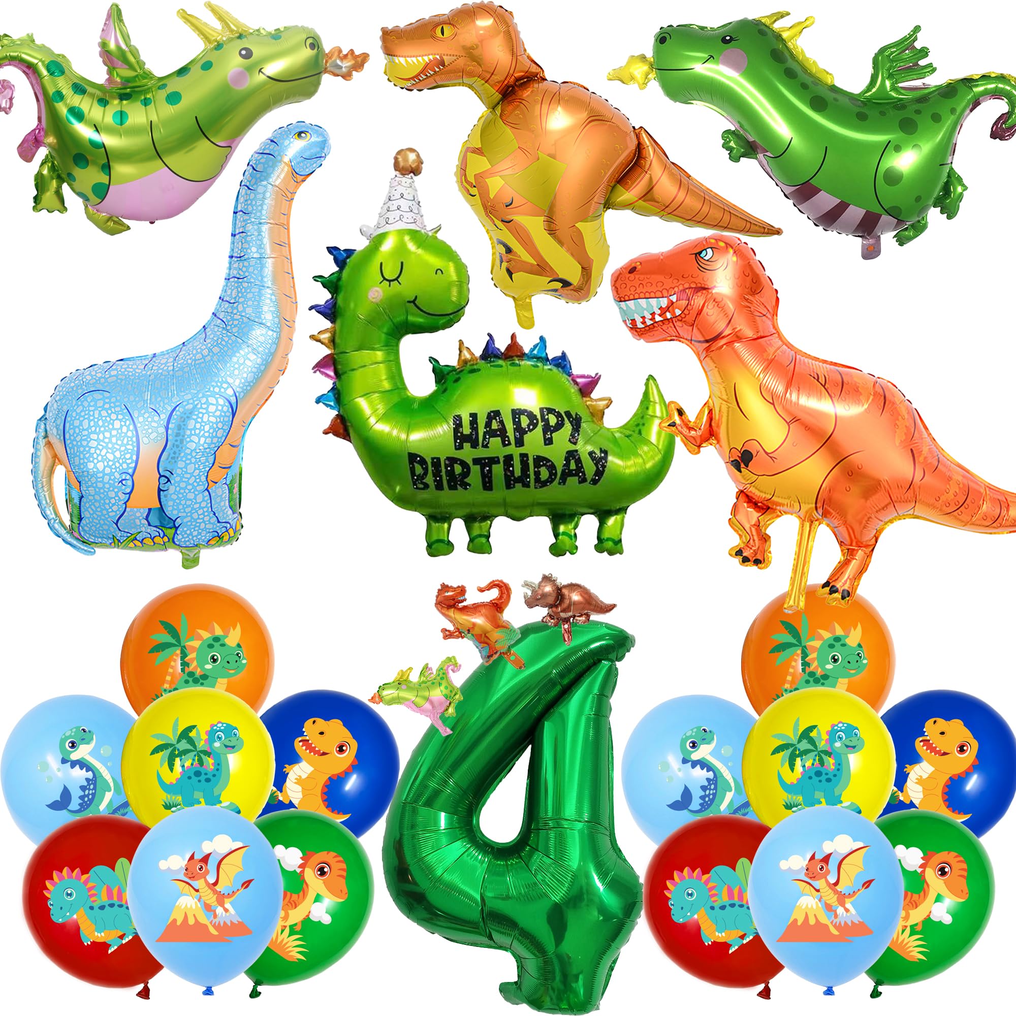 ITHKIRHO Dinosaur Birthday Decorations - 24 Pcs Large Aluminum Foil & Latex Number 4 Balloons for Kids Party