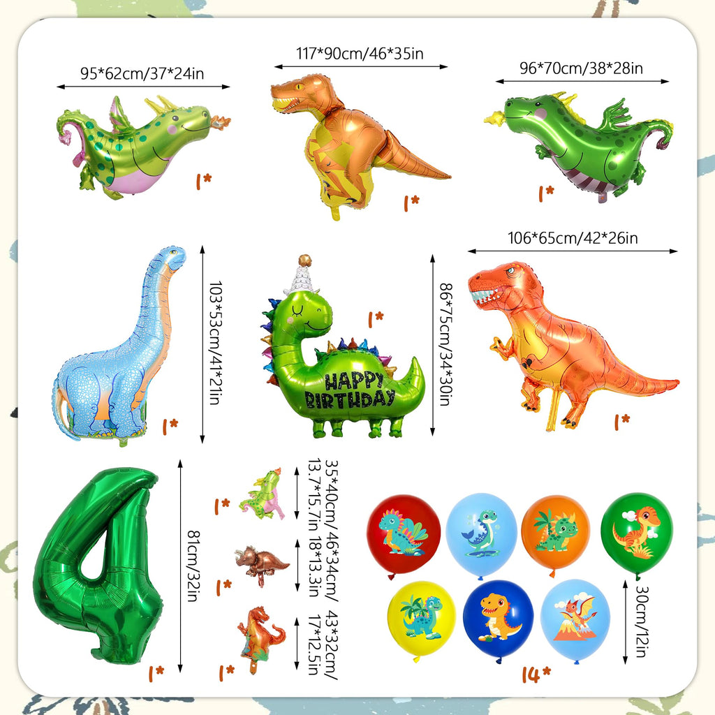 ITHKIRHO Dinosaur Birthday Decorations - 24 Pcs Large Aluminum Foil & Latex Number 4 Balloons for Kids Party