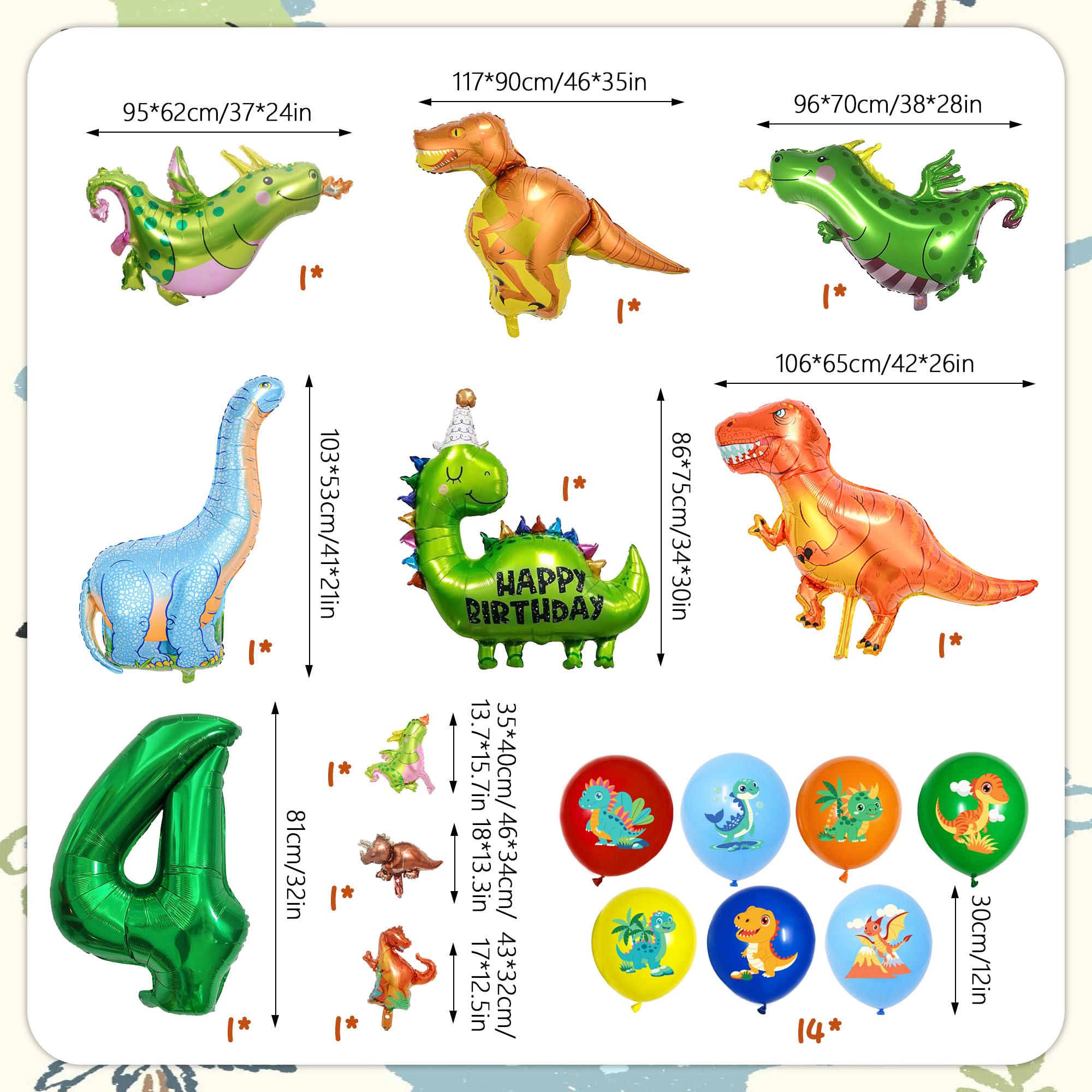 ITHKIRHO Dinosaur Birthday Decorations - 24 Pcs Large Aluminum Foil & Latex Number 4 Balloons for Kids Party