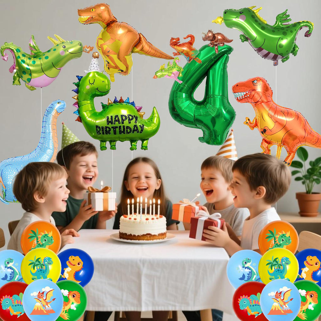 ITHKIRHO Dinosaur Birthday Decorations - 24 Pcs Large Aluminum Foil & Latex Number 4 Balloons for Kids Party