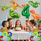 ITHKIRHO Dinosaur Birthday Decorations - 24 Pcs Large Aluminum Foil & Latex Number 4 Balloons for Kids Party