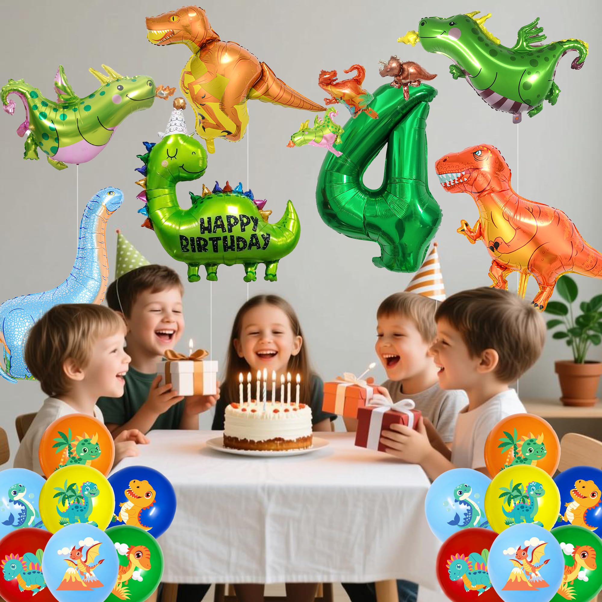 ITHKIRHO Dinosaur Birthday Decorations - 24 Pcs Large Aluminum Foil & Latex Number 4 Balloons for Kids Party