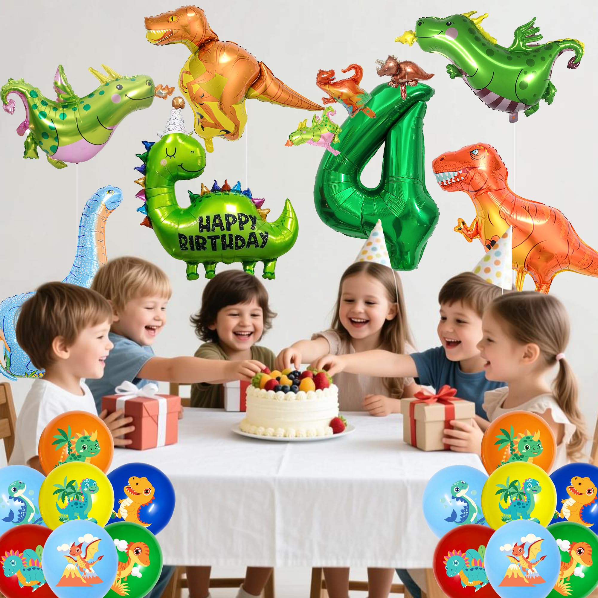 ITHKIRHO Dinosaur Birthday Decorations - 24 Pcs Large Aluminum Foil & Latex Number 4 Balloons for Kids Party