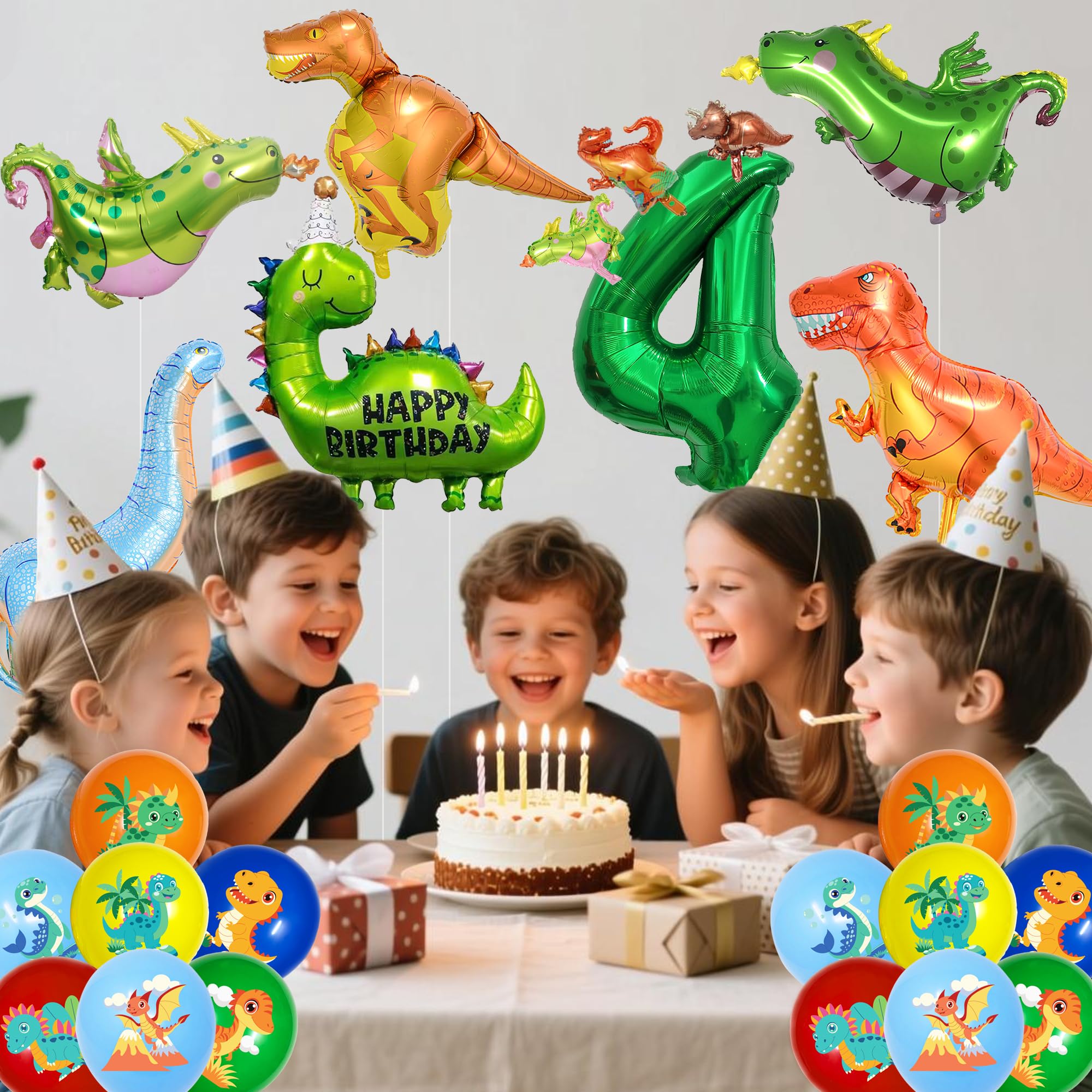 ITHKIRHO Dinosaur Birthday Decorations - 24 Pcs Large Aluminum Foil & Latex Number 4 Balloons for Kids Party