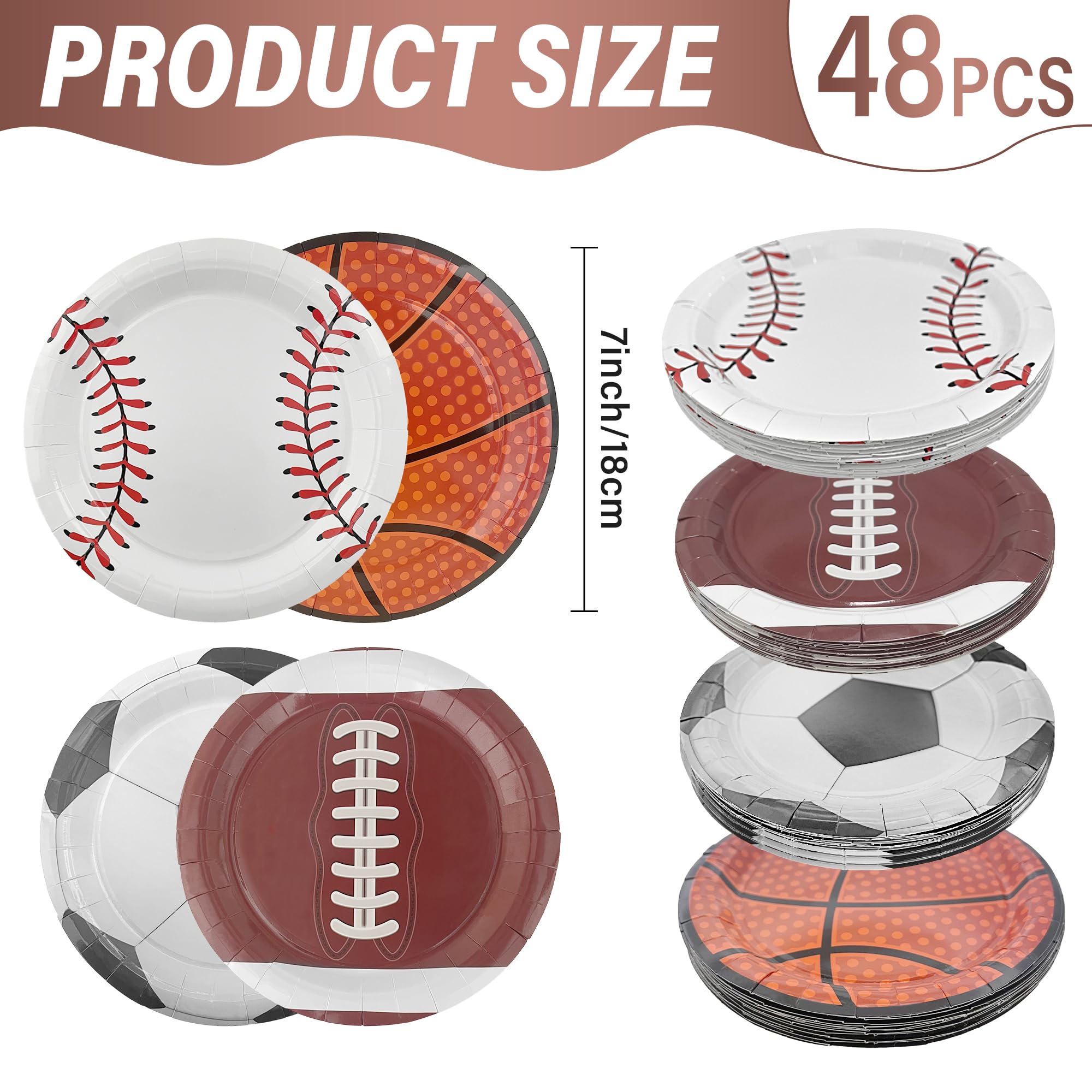 ITTEBISS 48Pcs Sports Party Plates - 7 Inch Disposable Plates for Baseball Basketball Soccer Football