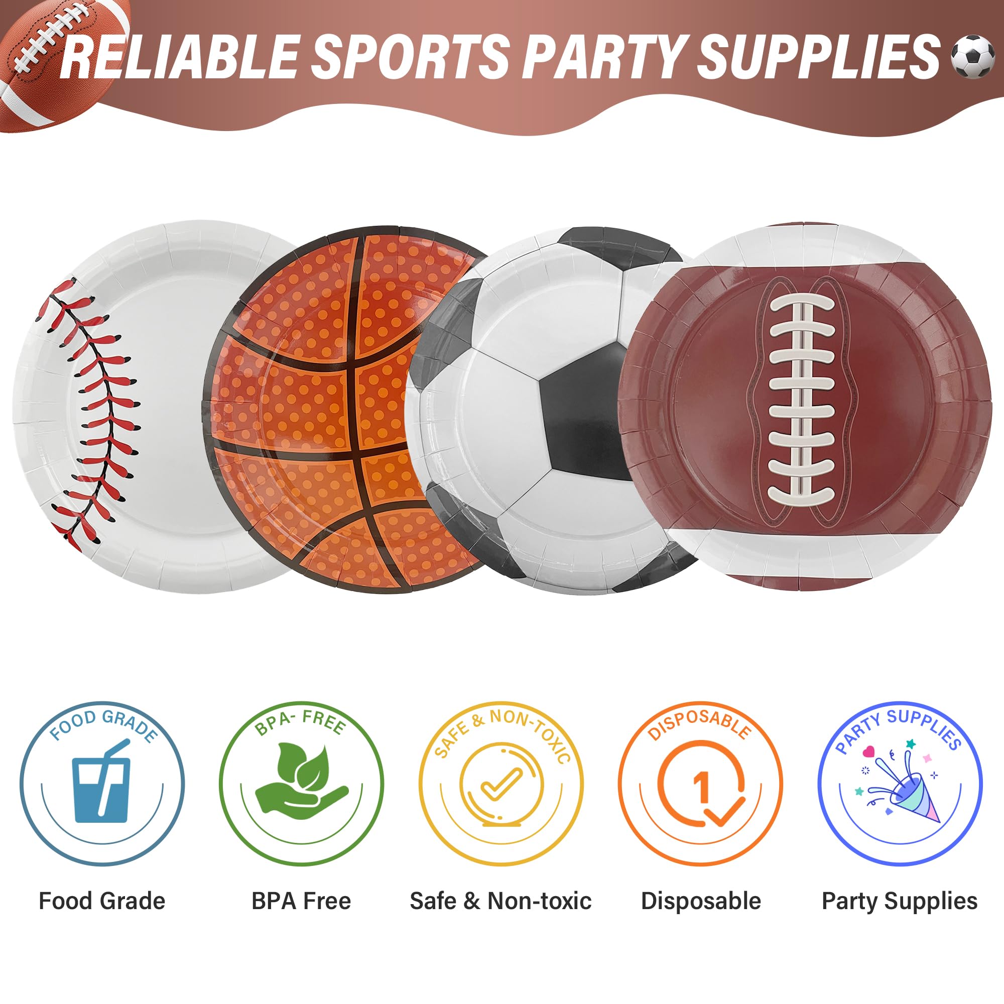 ITTEBISS 48Pcs Sports Party Plates - 7 Inch Disposable Plates for Baseball Basketball Soccer Football