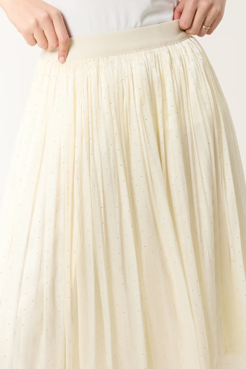 Elasticated Waist Satin Embellished Midi Skirt | Ivory & Pink | Women’s Occasion Skirts | Sizes S/M & M/L