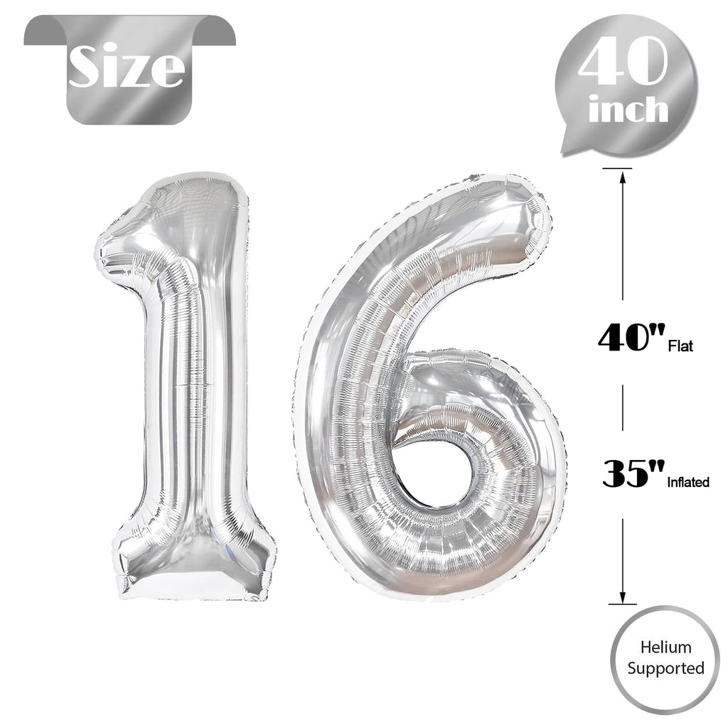 IWERP 16 Balloon Number – Silver 40-Inch 16th Birthday Balloons