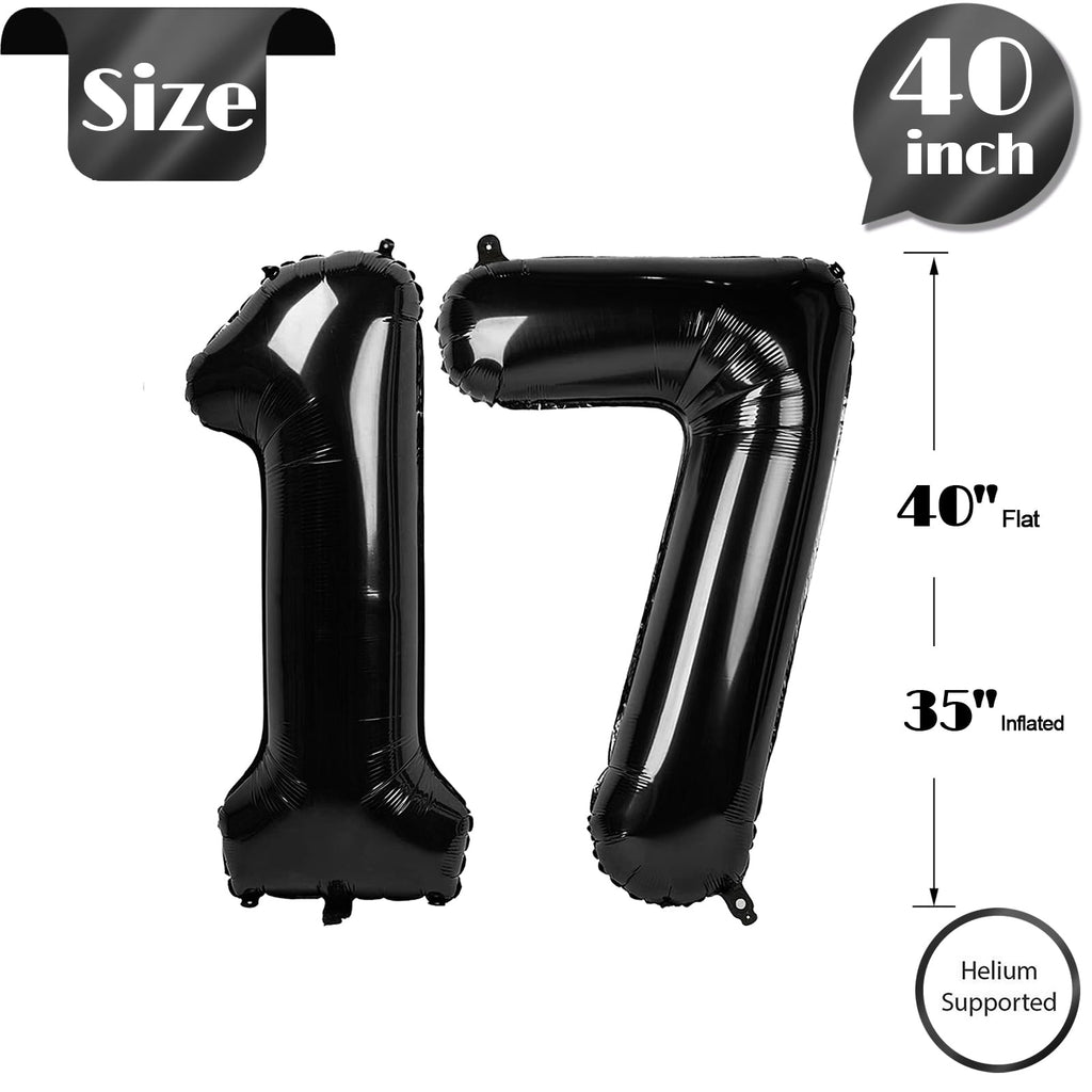 IWERP 17 Balloon Number – 40 Inch Black 17th Birthday Balloons for Boys & Girls | 17th Anniversary Decor