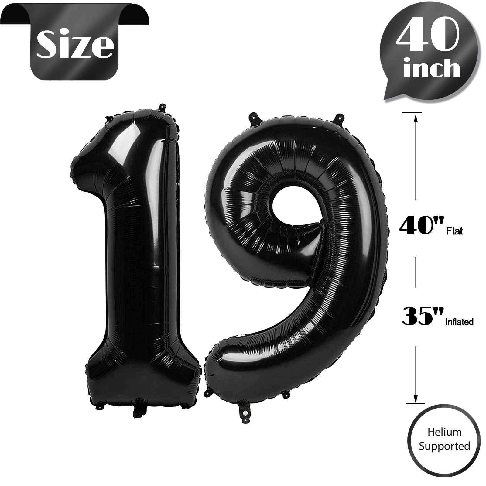 IWERP 19 Balloon Number – 40-Inch Black 19th Birthday Balloons for Parties & Anniversaries