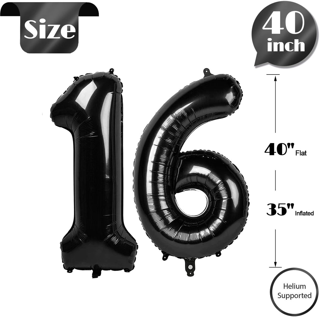 IWERP 16 Balloon Number - Black 40-Inch 16th Birthday Balloons for Sweet 16 Decorations