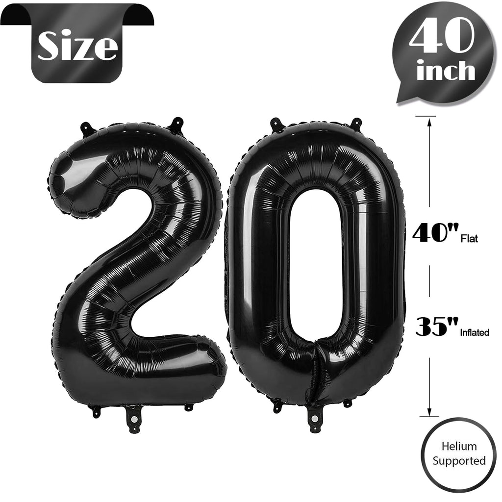 IWERP Black 20th Birthday Balloons – 40-Inch Number 20 Decor for Men & Women