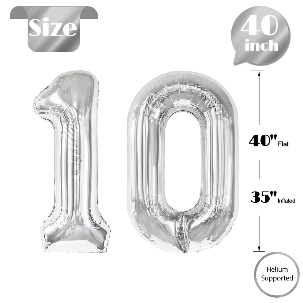 IWERP 10 Balloon Number – Silver 40-Inch 10th Birthday Balloons for Boys & Girls