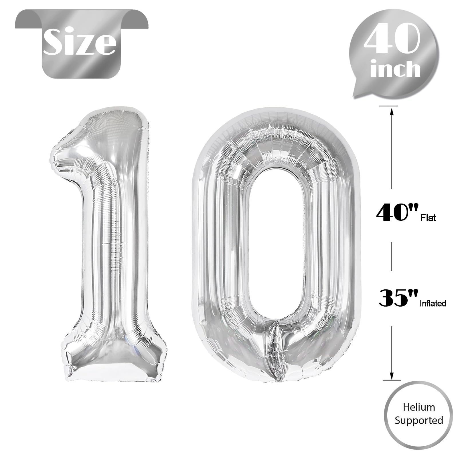 IWERP 10 Balloon Number – Silver 40-Inch 10th Birthday Balloons for Boys & Girls