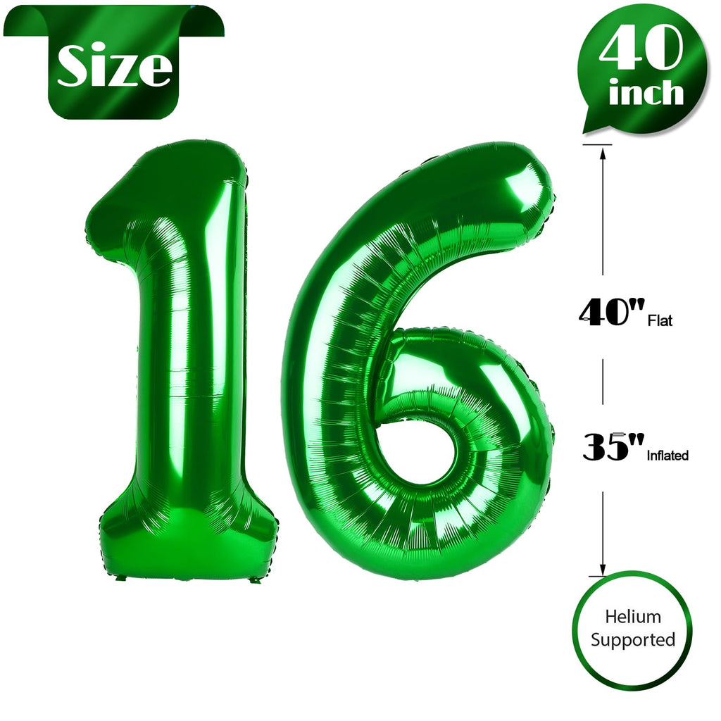 IWERP 16th Birthday Balloons – 40-Inch Green Number 16 for Sweet 16 Decor
