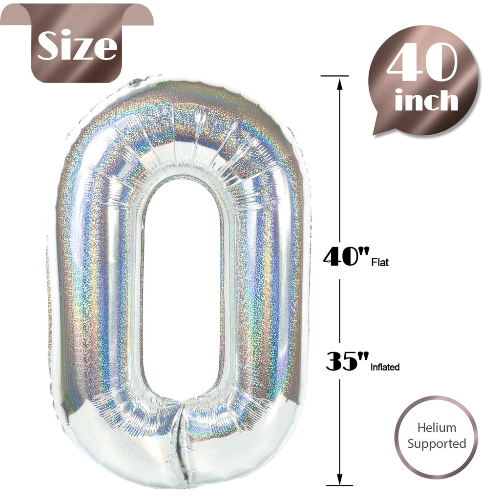 IWERP Laser Silver 40-Inch Number Balloons – 0, 10, 20, 30, 40, 50 for Birthday Decor