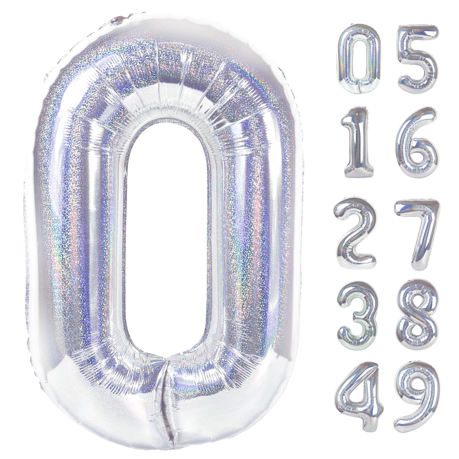 IWERP Laser Silver 40-Inch Number Balloons – 0, 10, 20, 30, 40, 50 for Birthday Decor