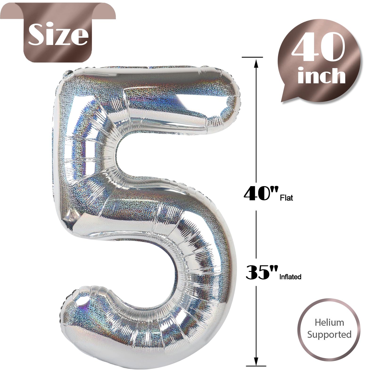 IWERP Laser Silver 5 Balloon – 40-inch 5th Birthday Number Balloons
