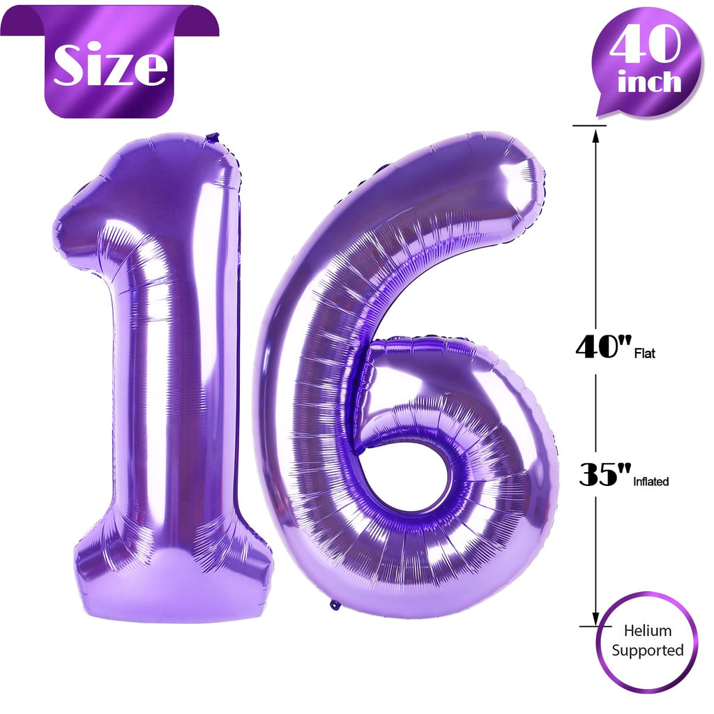IWERP 16th Birthday Balloon - 40-Inch Purple Number Balloons for Sweet 16 Celebrations