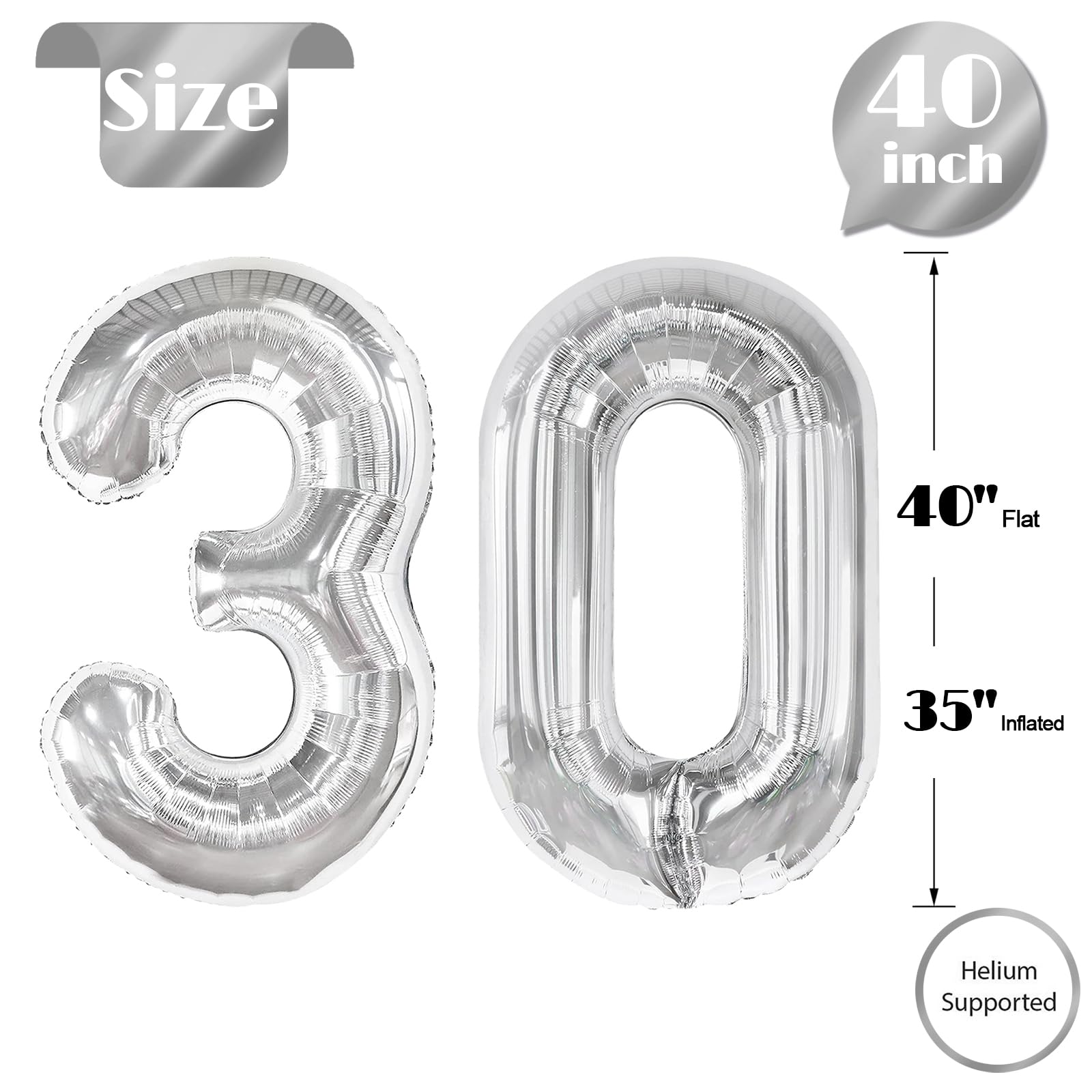 IWERP 30 Balloon Number – 40-Inch Silver 30th Birthday Balloons | Milestone Birthday & Anniversary Decor