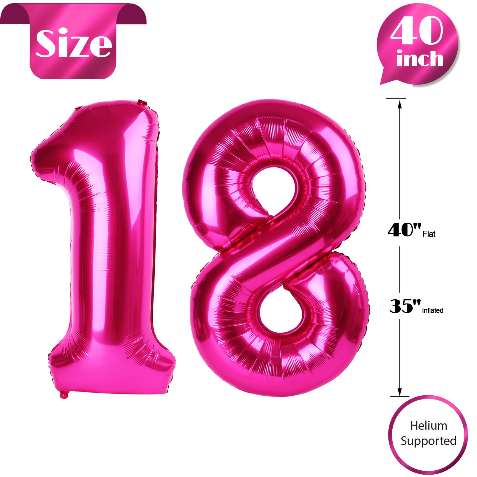 IWERP 18 Balloon Number – 40-Inch Hot Pink 18th Birthday Balloons for Boys & Girls