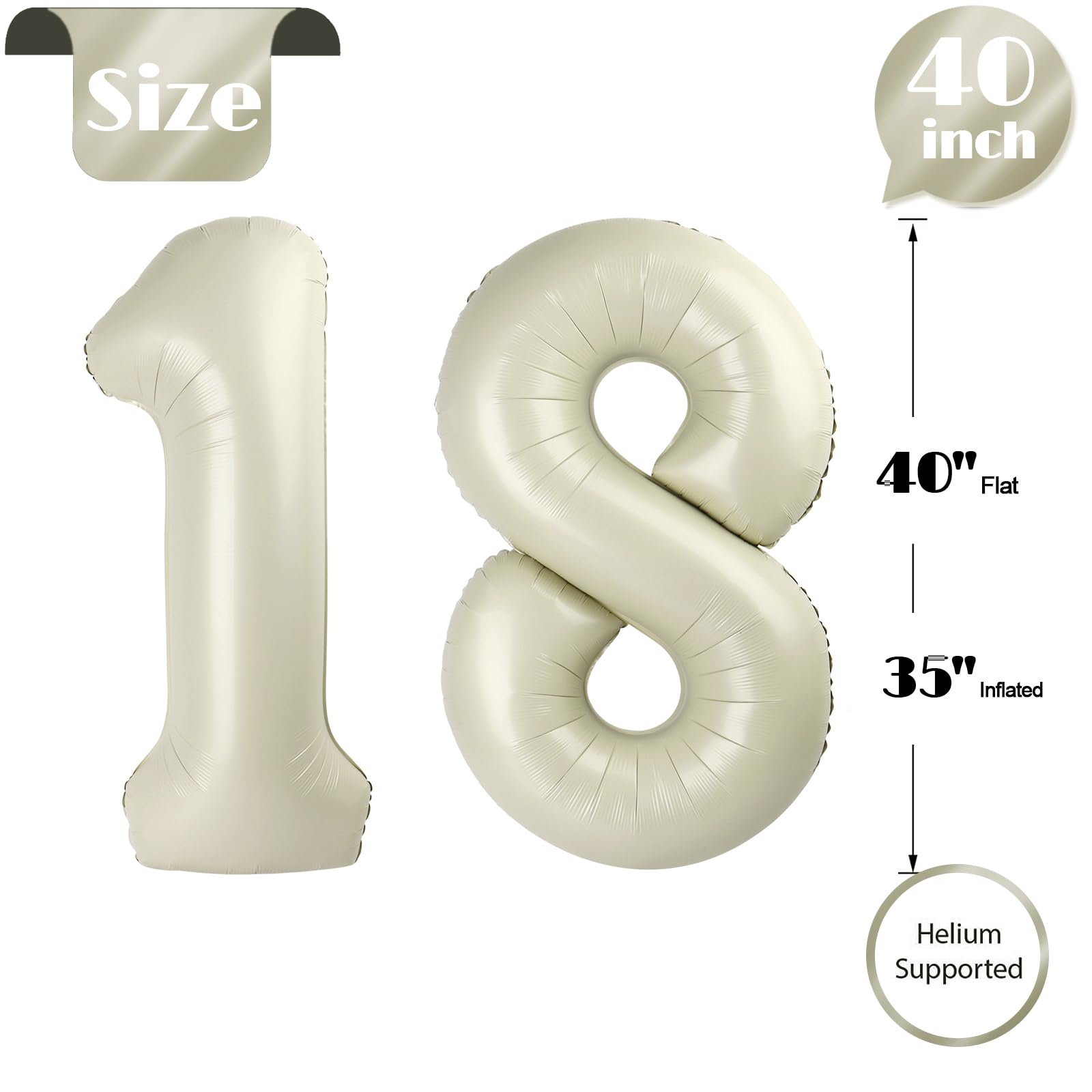 IWERP Cream 18th Birthday Balloons — 40-Inch Number Balloon Set for Boys & Girls