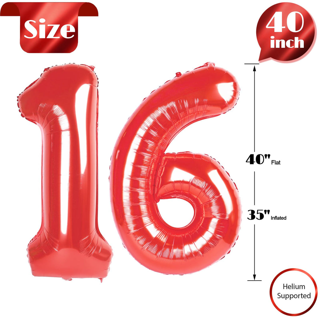 IWERP 16th Birthday Balloons - 40 Inch Red Number 16 for Sweet 16 Celebrations