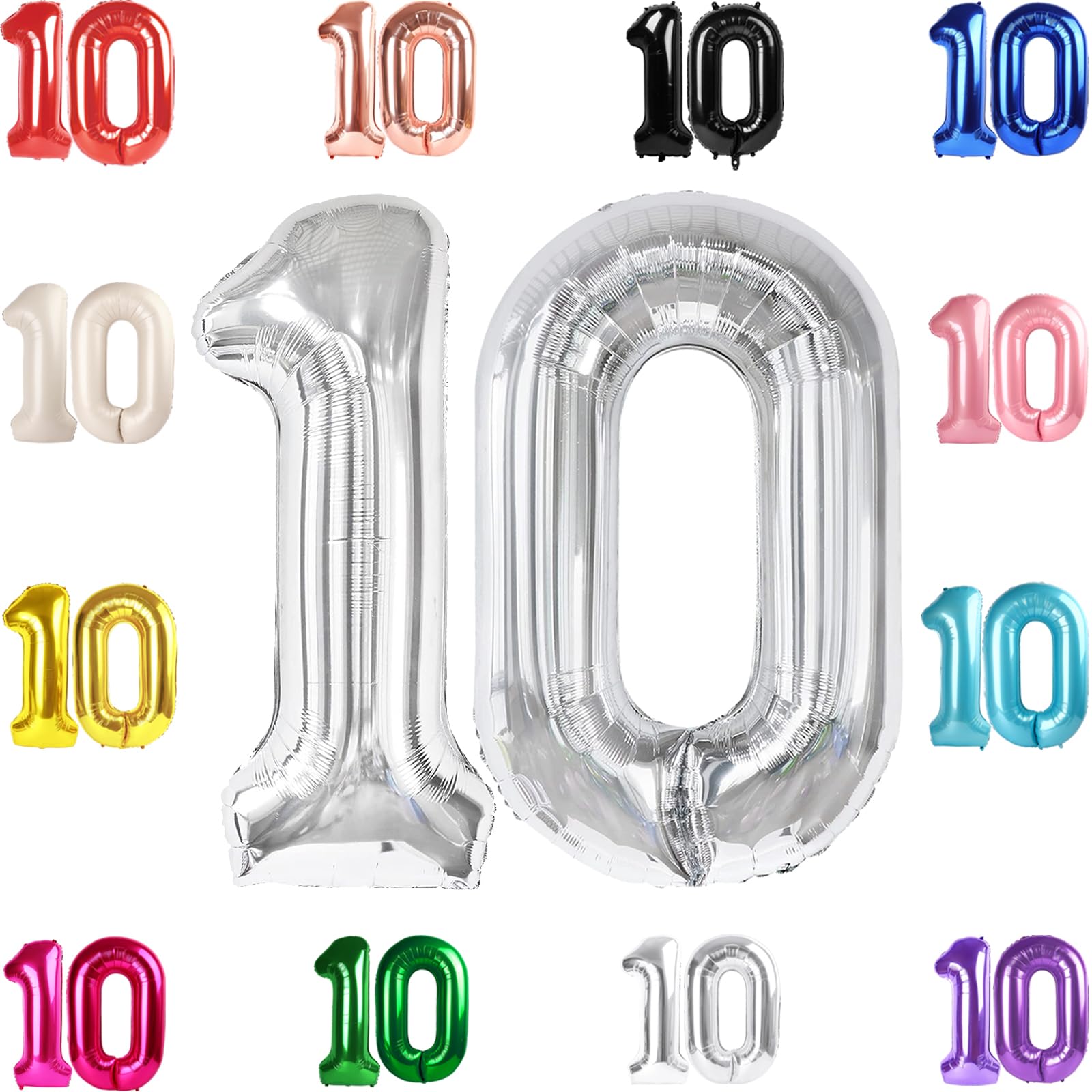 IWERP 10 Balloon Number – Silver 40-Inch 10th Birthday Balloons for Boys & Girls