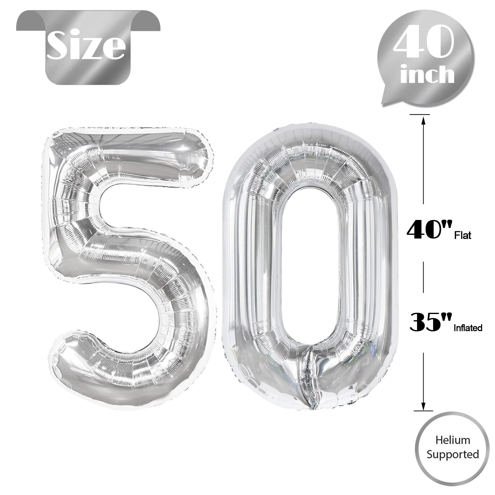 IWERP 50 Balloon Number – 40-Inch Silver 50th Birthday Balloons