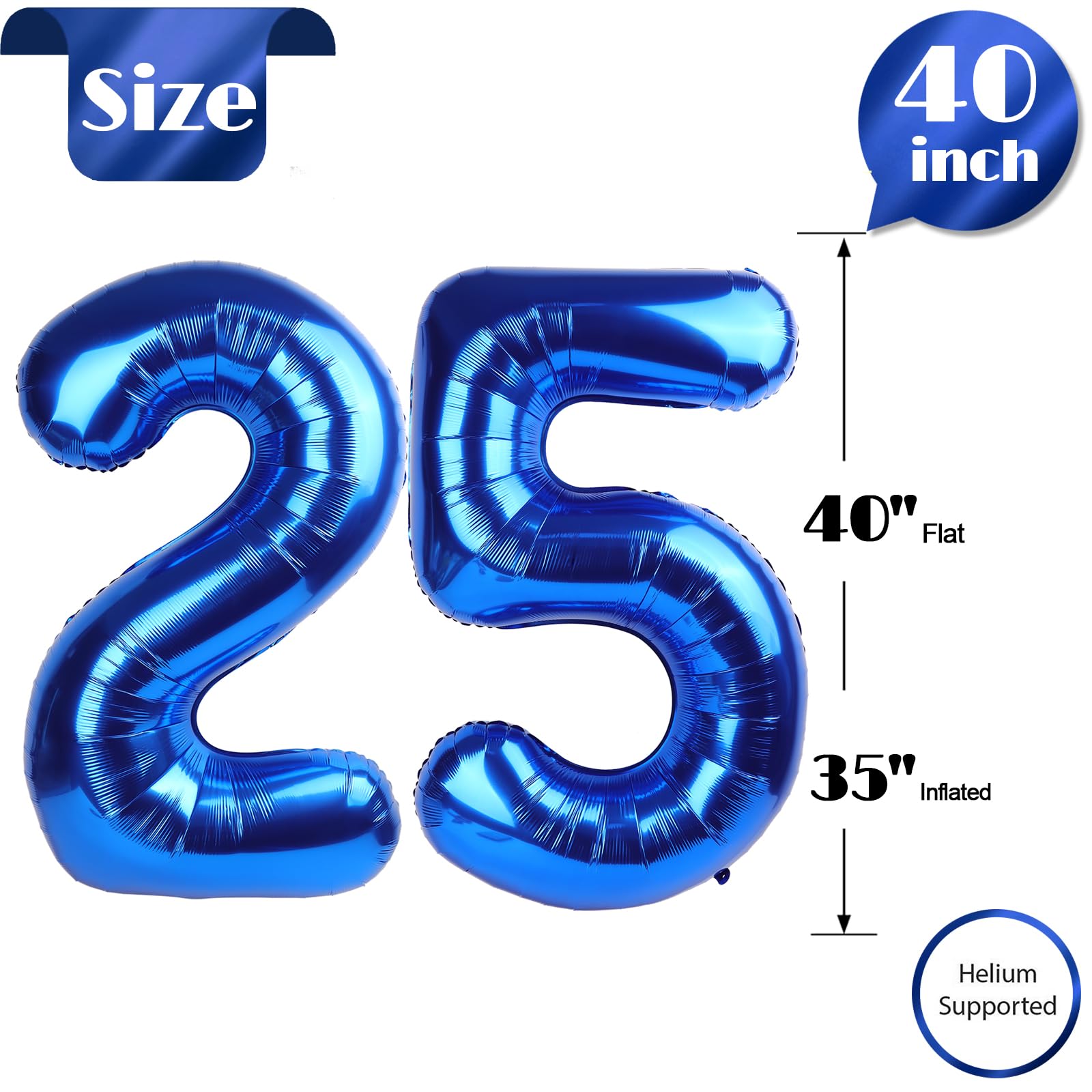 IWERP 25 Balloon Number — 40-Inch Metallic Blue Birthday Balloons for 25th Birthday & Anniversary