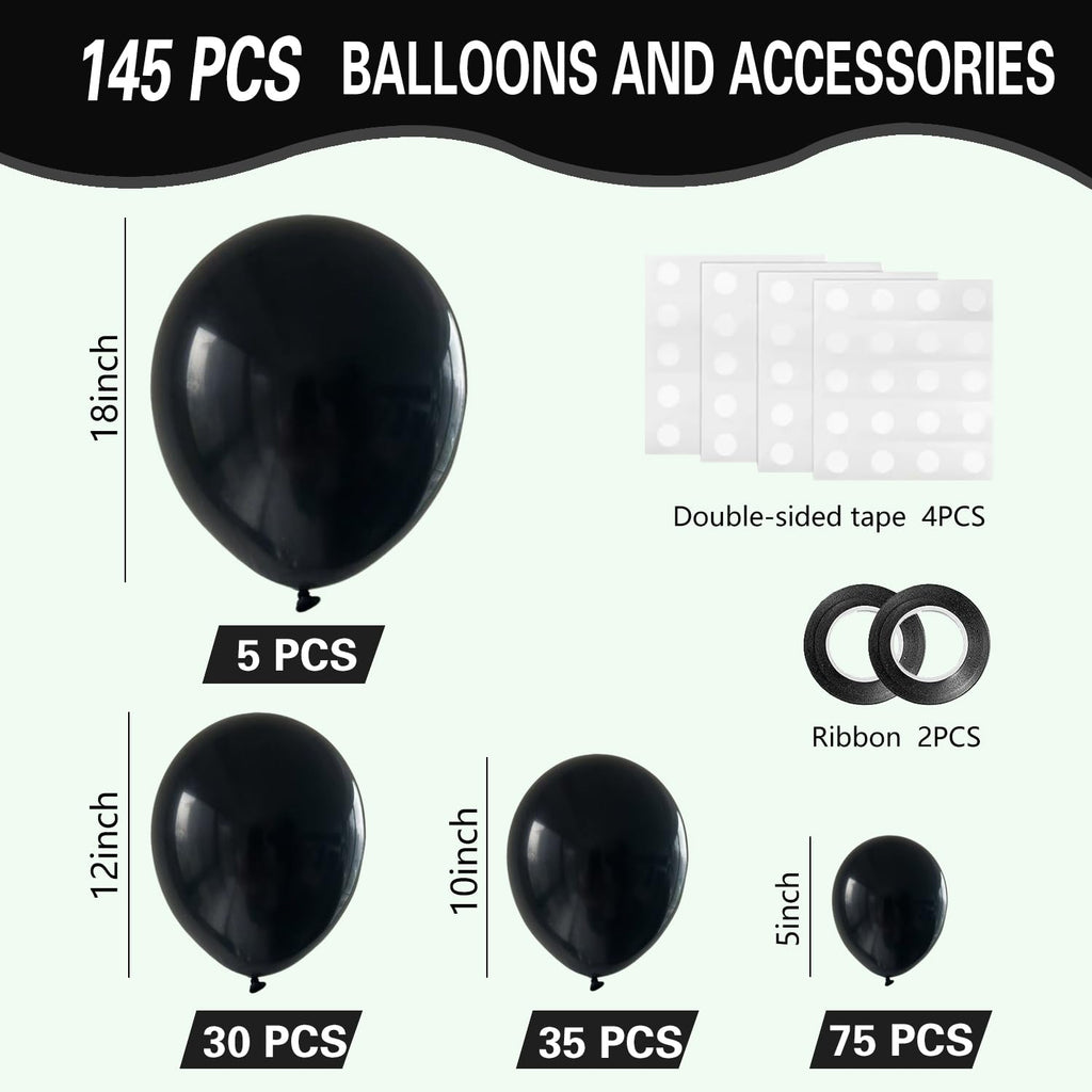 IXVAN Black Balloons Set 145pcs – 5in, 10in, 12in, 18in Latex Arch & Garland Kit