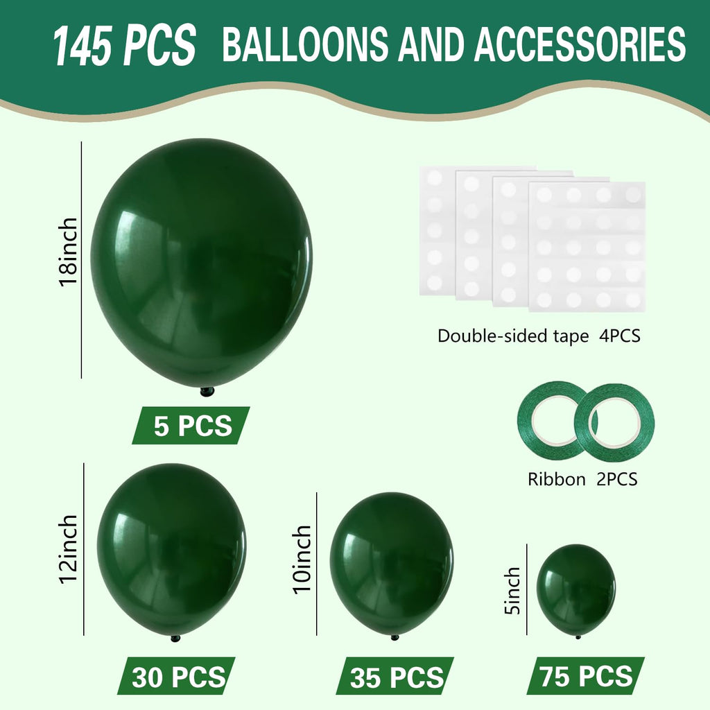 IXVAN Dark Green Balloons – 145pcs Set (18/12/10/5 in) for Parties