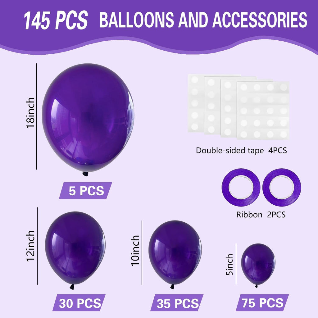 IXVAN Dark Purple Balloons Kit – 145pcs Latex Balloons for Arch Garlands (5in, 10in, 12in, 18in)