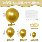 IXVAN Metallic Gold Balloons 145pcs – 5in, 10in, 12in, 18in Latex Balloon Kit for Weddings & Parties