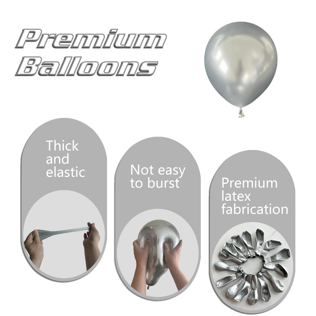 IXVAN Metallic Silver Balloons 145pc Set – 5in, 10in, 12in, 18in for Garlands & Arches
