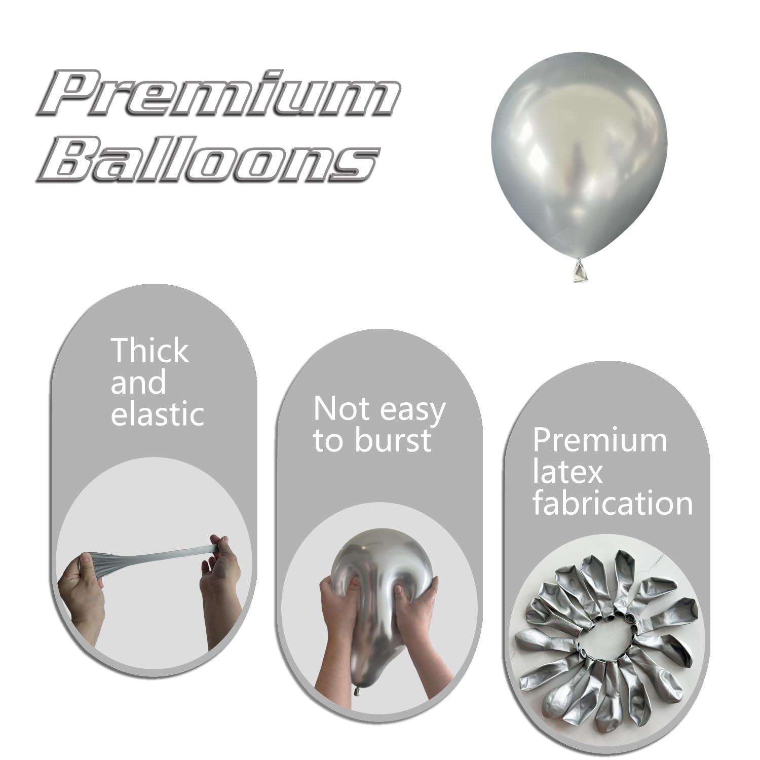 IXVAN Metallic Silver Balloons 145pc Set – 5in, 10in, 12in, 18in for Garlands & Arches