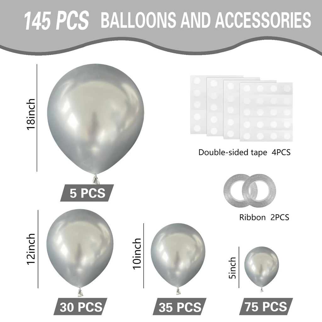 IXVAN Metallic Silver Balloons 145pc Set – 5in, 10in, 12in, 18in for Garlands & Arches
