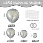 IXVAN Metallic Silver Balloons 145pc Set – 5in, 10in, 12in, 18in for Garlands & Arches