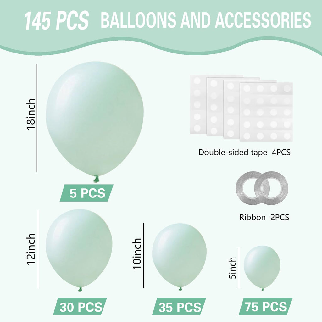 IXVAN Pastel Green Balloons 145pcs – Mixed Sizes 18/12/10/5 Inches for Balloon Garland Arch