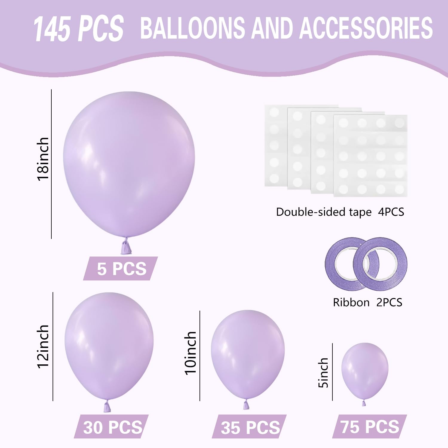 IXVAN Pastel Purple Balloons 145pcs – 18/12/10/5 Inch Latex Balloon Garland Kit for Parties