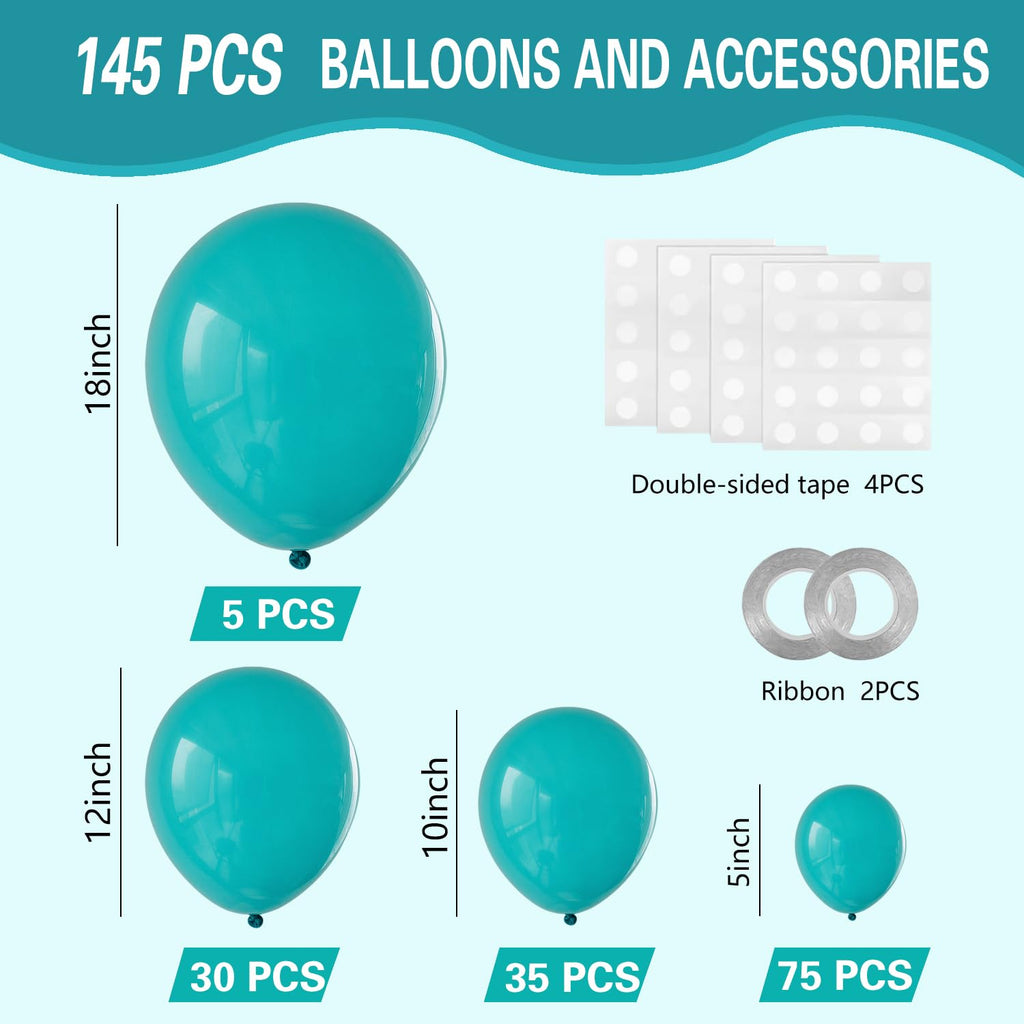 IXVAN Turquoise Blue Peacock Balloons 145pcs – Latex Balloon Arch Kit (5in, 10in, 12in, 18in) for Weddings & Parties