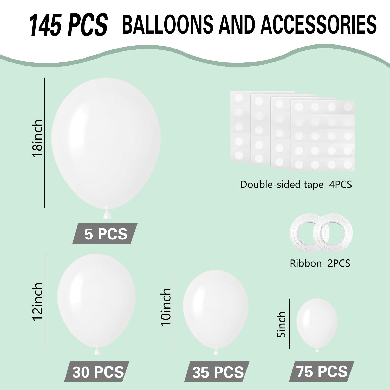 IXVAN White Balloons 145pcs - 5in, 10in, 12in, 18in for Arch Garlands | Graduation & Wedding